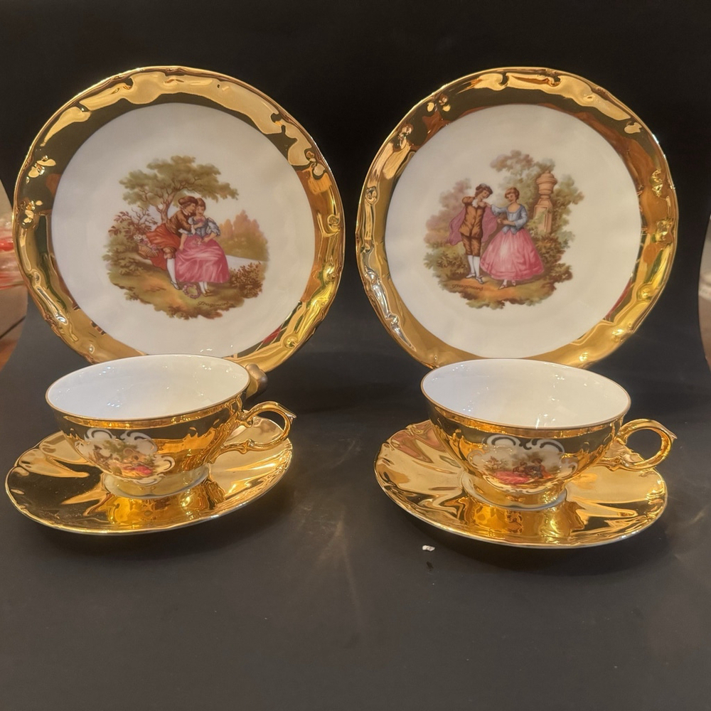 Vtg Set Of 6 Bavaria Germany 22K Gilt Fragonard Style Teaset Teacup Sauces Plate